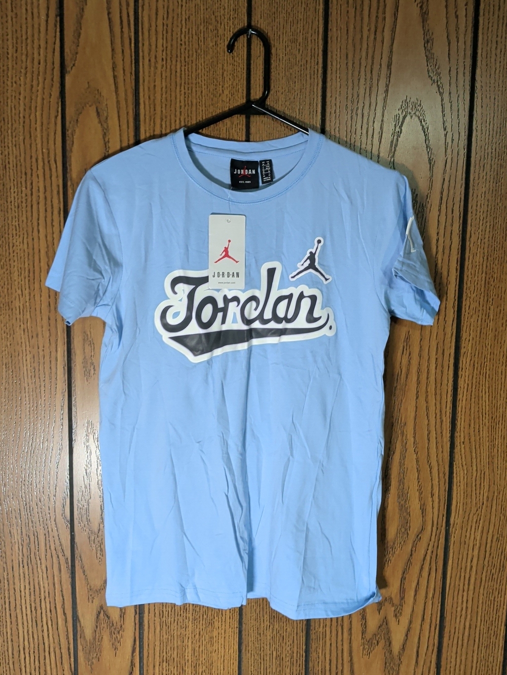 Jordan Light Blue Script Logo Short Sleeve Tee 100% Cotton Brand New With Tags